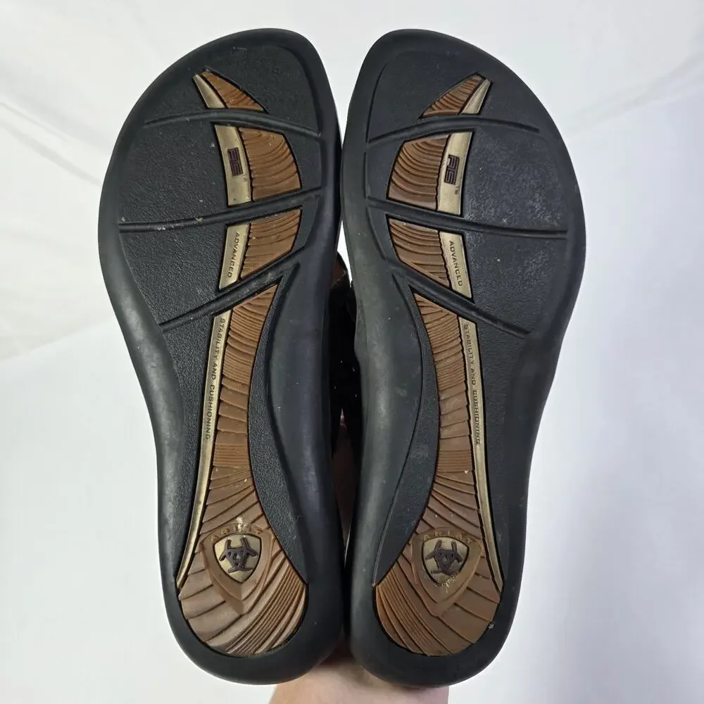 Ariat Womens Sandals Thong Flip Flop Size 9B Brown Leather Embossed Slip On